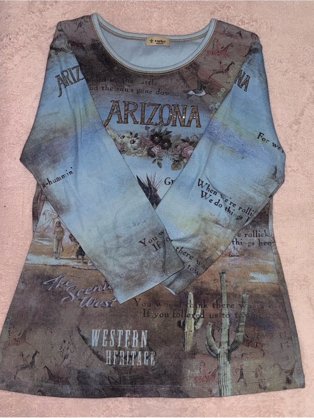Vintage Y2K Cactus Arizona Western Heritage Print Mesh Long Sleeve Top🌵